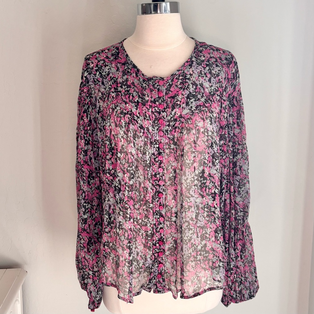 Isabel Marant Orionea Floral Silk Button Down Blouse Balloon Sleeve, Sz 38 (6)